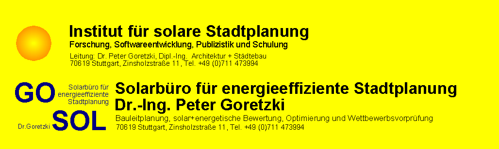 Informationen über das "Institut für solare Stadtplanung", das "Solarbüro Dr. Goretzki" und Dr. Peter Goretzki